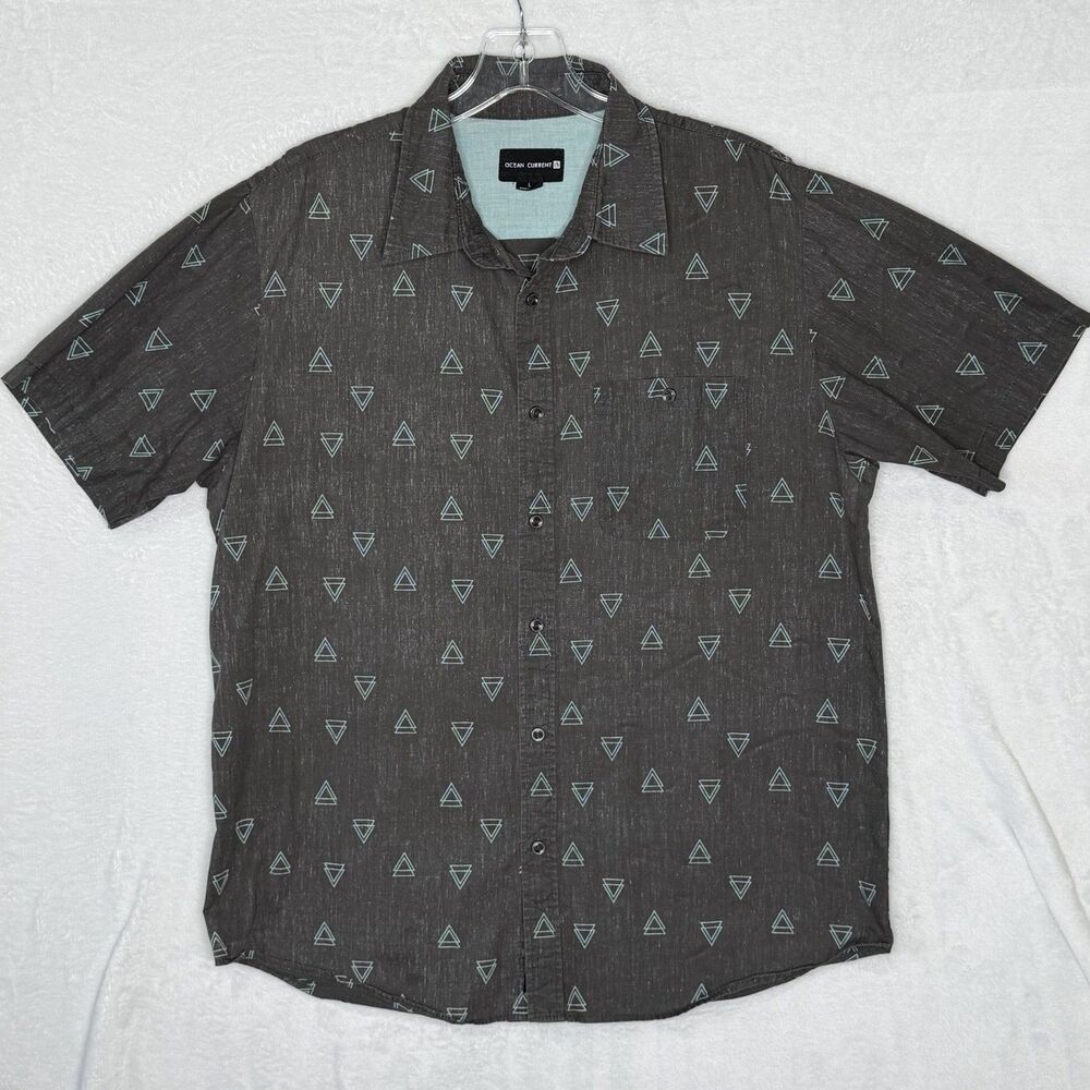 Ocean Current Shirt Mens Large Gray Short Sleeve Button Up Top‎ Blue Triangles